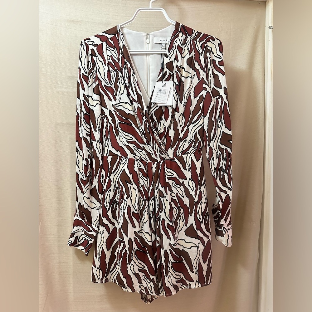 REISS NWT Abstract Print Romper Long Sleeve Lined Pockets Zip Back 0 Fall Brown